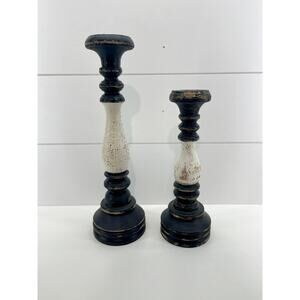 Farmhouse Chunky Wood Candle Holders Black White Distressed Pair Two‎ Home Decor